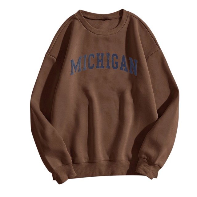 Gibobby Sudaderas para mujer Sudadera con estampado diario para mujer, suéter largo con estampado de letras y cuello redondo, sudadera de manga larga con estampado de monopatí(Marrón, S)