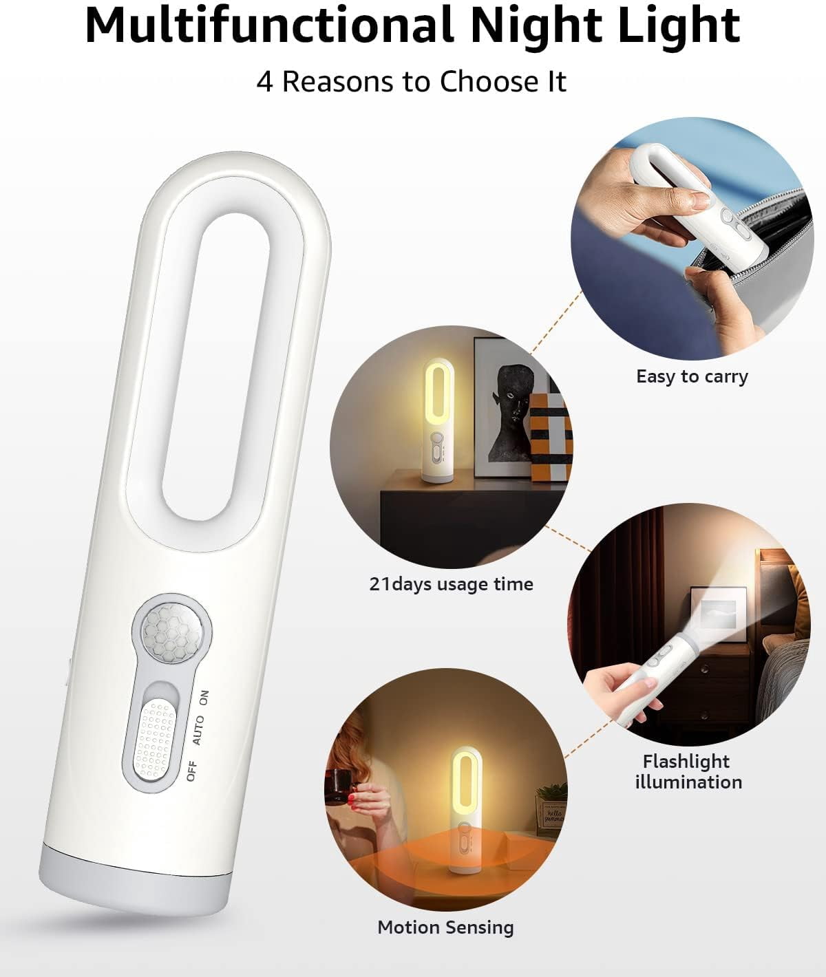 CATPAN Rechargeable Motion Sensor Night Light 2-in-1 Portable LED Night Light Flashlight with Dusk to Dawn Sensor for Bedroom, Bathroom, Baby Nursery, Toilet, Reading, Camping(Warm White, 2 Pack)