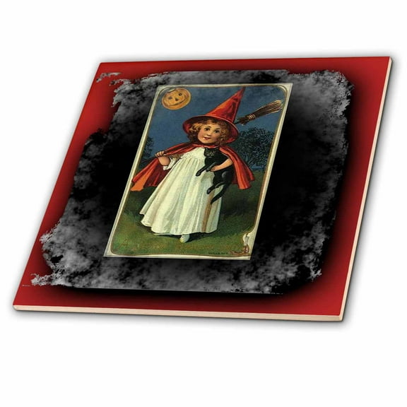 3dRose, Vintage Halloween Witch Girl and Black Cat, 8 Inch Ceramic Tile