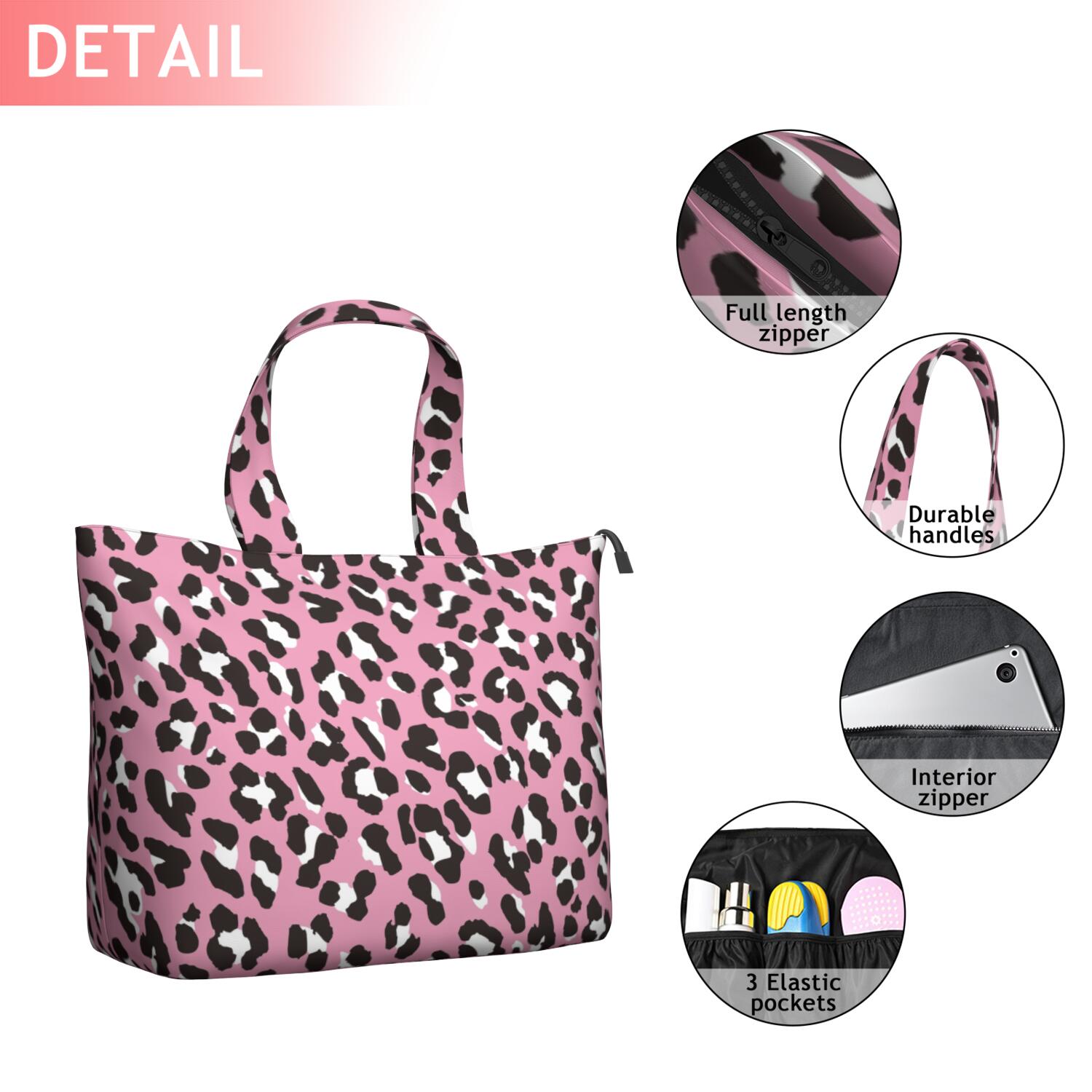 Pink and Black Of Leopard Print Travel Tote Bags for Women Carry On,Large Weekender Bags for Women Travel,Multi Functional Duffle Bag for Work,Shopping,Sports