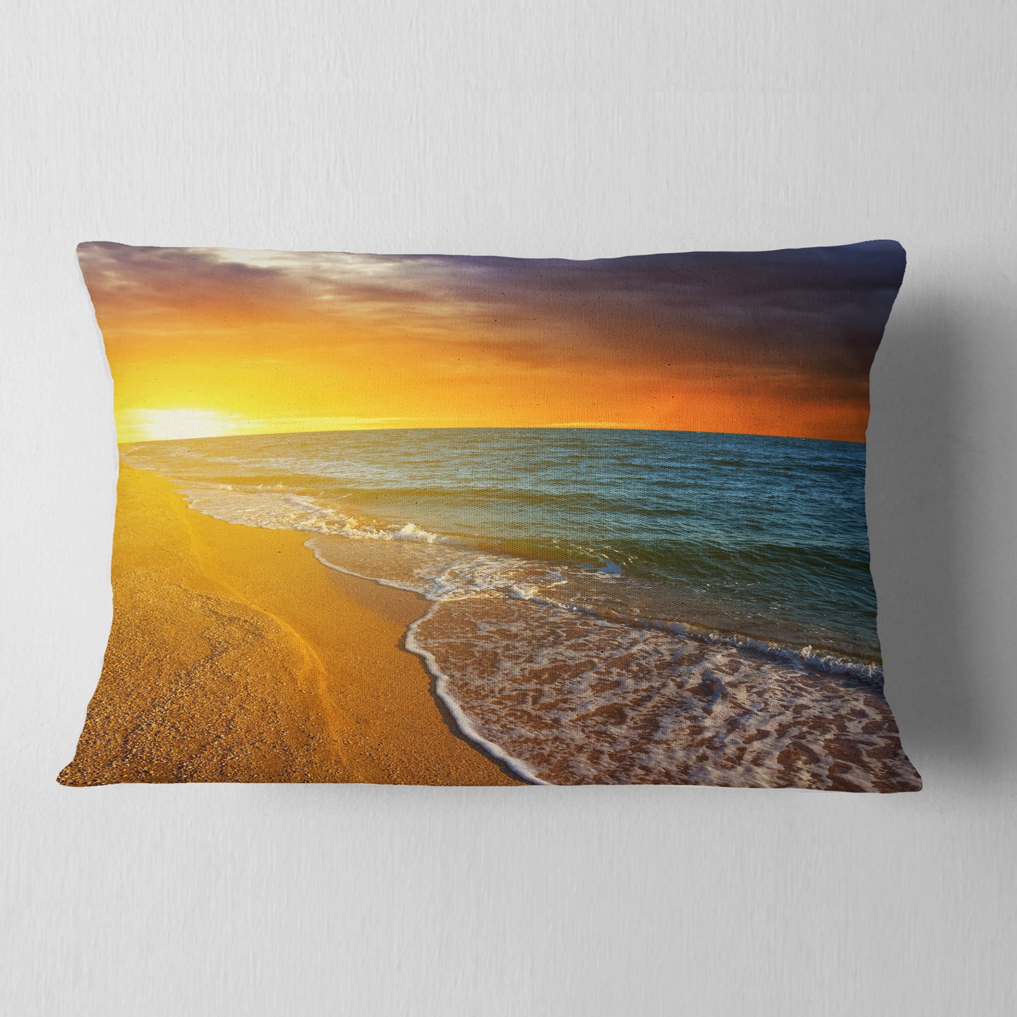 Designart Fantastic Yellow Sky in Blue Beach - Seashore Throw Pillow - 12x20