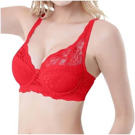SMihono Sports Bras High Support Women Lace Plus Size Bra Without Steel Ring Gathers European Sexy Thin Breathable Underwear Red 90B