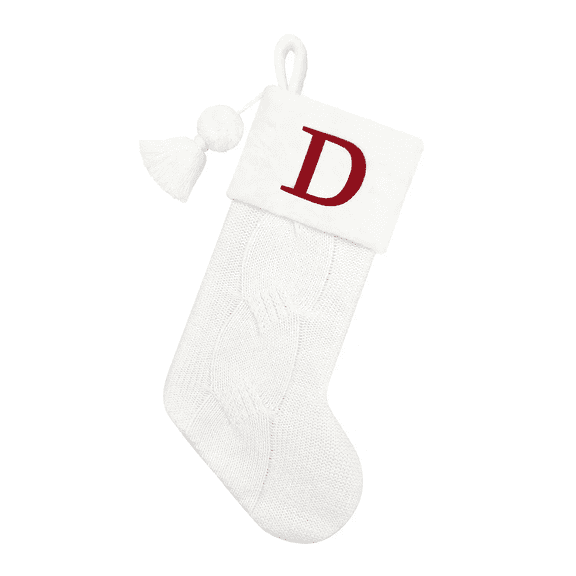 White Knit Christmas Stocking with Red Monogram, Cable Pattern Design, Pom Pom, Letter D, 21 Inches