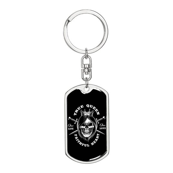 True Queen Skull Keychain Dog Tag Stainless Steel or 18k Gold