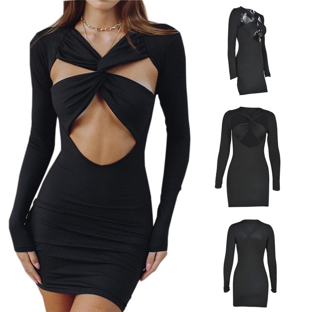 Txlixc Vestido ajustado para mujer, Club ahuecado cruzado frontal de manga larga sexy Txlixc Sexy