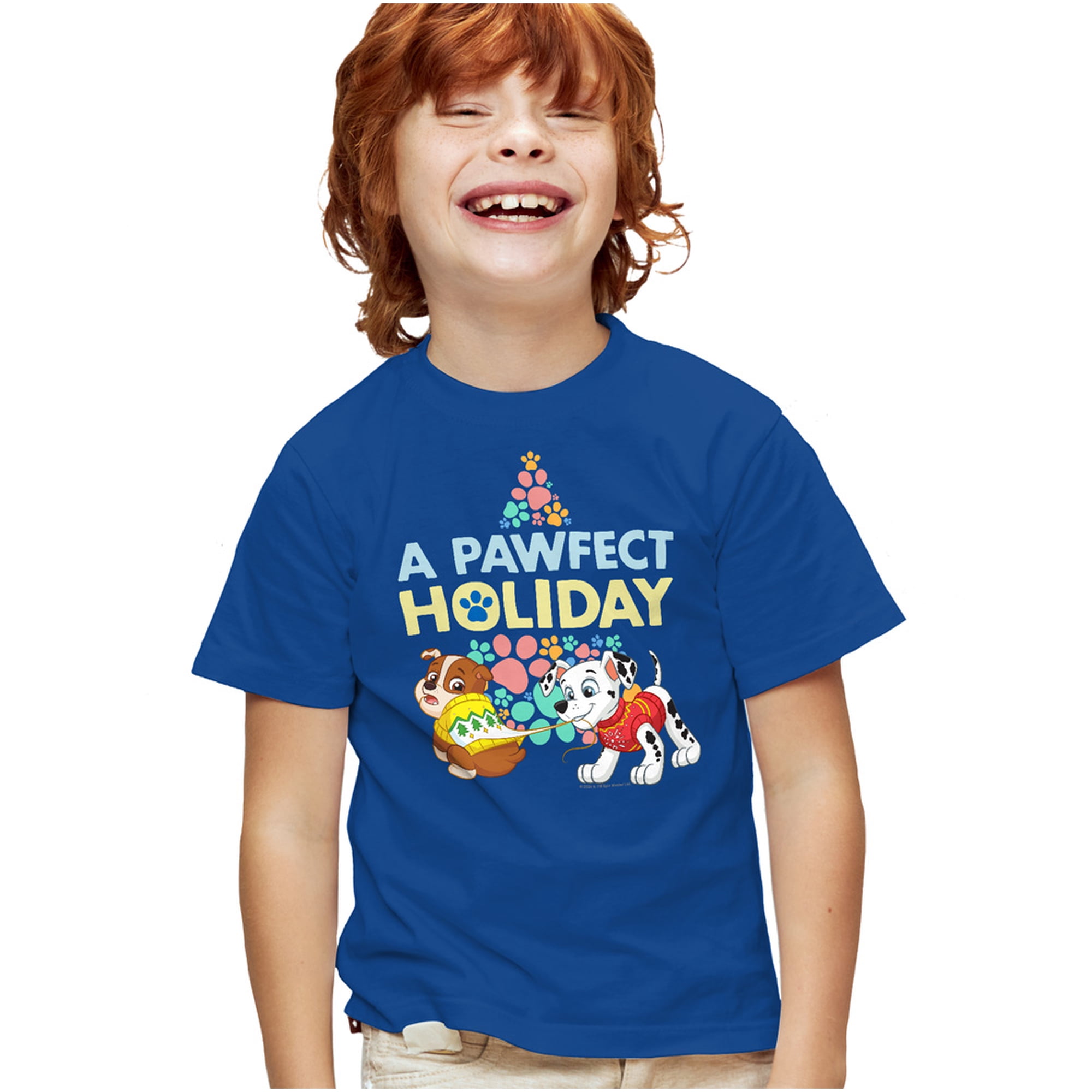 Paw Patrol Christmas, A Pawfect Holiday Rubble and Marshall Kids T Shirt for Youth Boys and Girls, Royal, Large