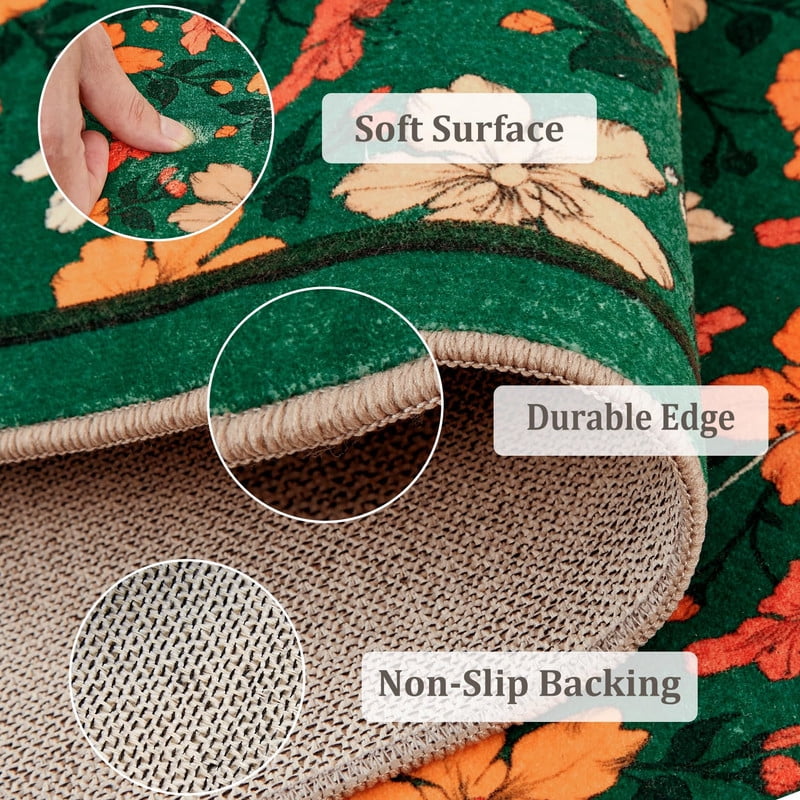 2'x6' Runner Rug Boho Floral Small Non-Slip Low Pile Throw Rugs for Entryway Kitchen Front Door Indoor Entrance Entry Kids Room Green