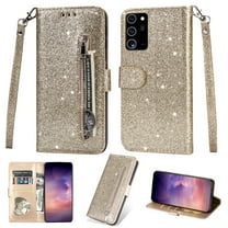 Galaxy Note 20 Ultra Case, Allytech Bling Glitter PU Leather TPU Inner Flip Cover Stand Magnetic Wrist Strap Zipper Pocket Cards Slots Shockproof Wallet Case for Samsung Galaxy Note 20 Ultra,Gold