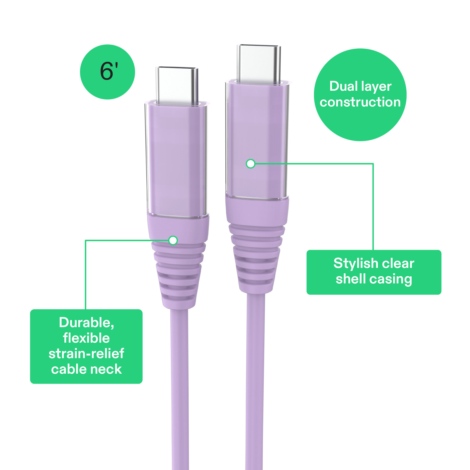 Cable de carga onn de 6 pies USB-C a USB-C, carga rápida, certificado USB-IF, compatible con iPhone serie 16 y 15, Samsung Galaxy, Note, dispositivos Pixel, iPad Pro y más - Púrpura 2