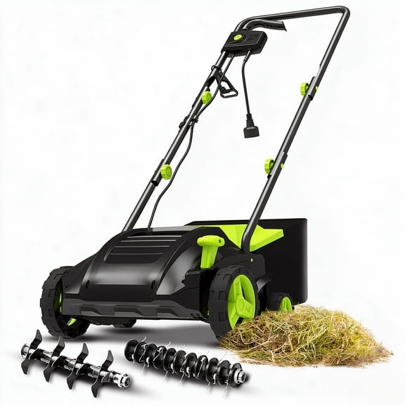13-Inch 12-Amp Corded Electric Dethatcher, 2-in-1 with Removable 8-Gallon Collection Bag