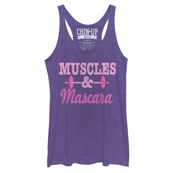 Women's CHIN UP Barbell Muscles and Mascara Racerback Tank Top Purple Heather Medium
