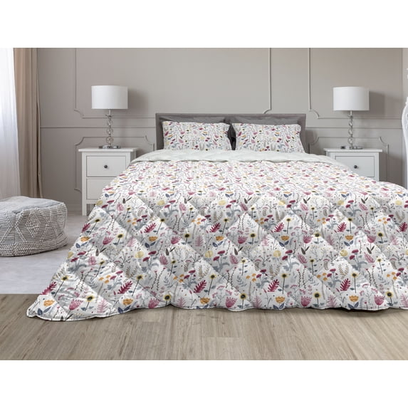 Floral Comforter & Sham Bedding Set, Natural Theme Hand Drawn Wild Herbs Flowers and Leaves Pattern on Plain Background, 3 pcs Duvet Set Microfiber Filling Quilt, 5 Sizes, Multicolor, by Ambesonne