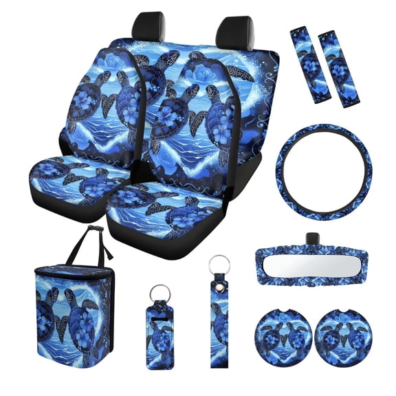 Yuyamidu Boho Sea Turtle Auto Seat Covers Full Set of 13 with Steering Wheel Cover Seatbelt Shoulder Pad Blue Hibiscus Trash Bin Rearview Mirror Cover Coasters Keychain Car Interior Set