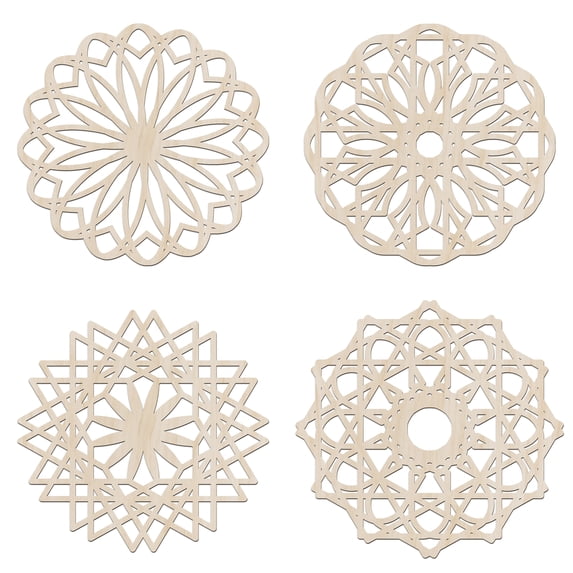 Mandala Wooden Wall Art Set of 4, Intricate Folkloric Petals Stripe Motif, Birch Plywood Rustic Wall Art Accent for Hallway Bedroom Living Room and Offices, 11,4" X 11,4" X 0.1", by Ambesonne
