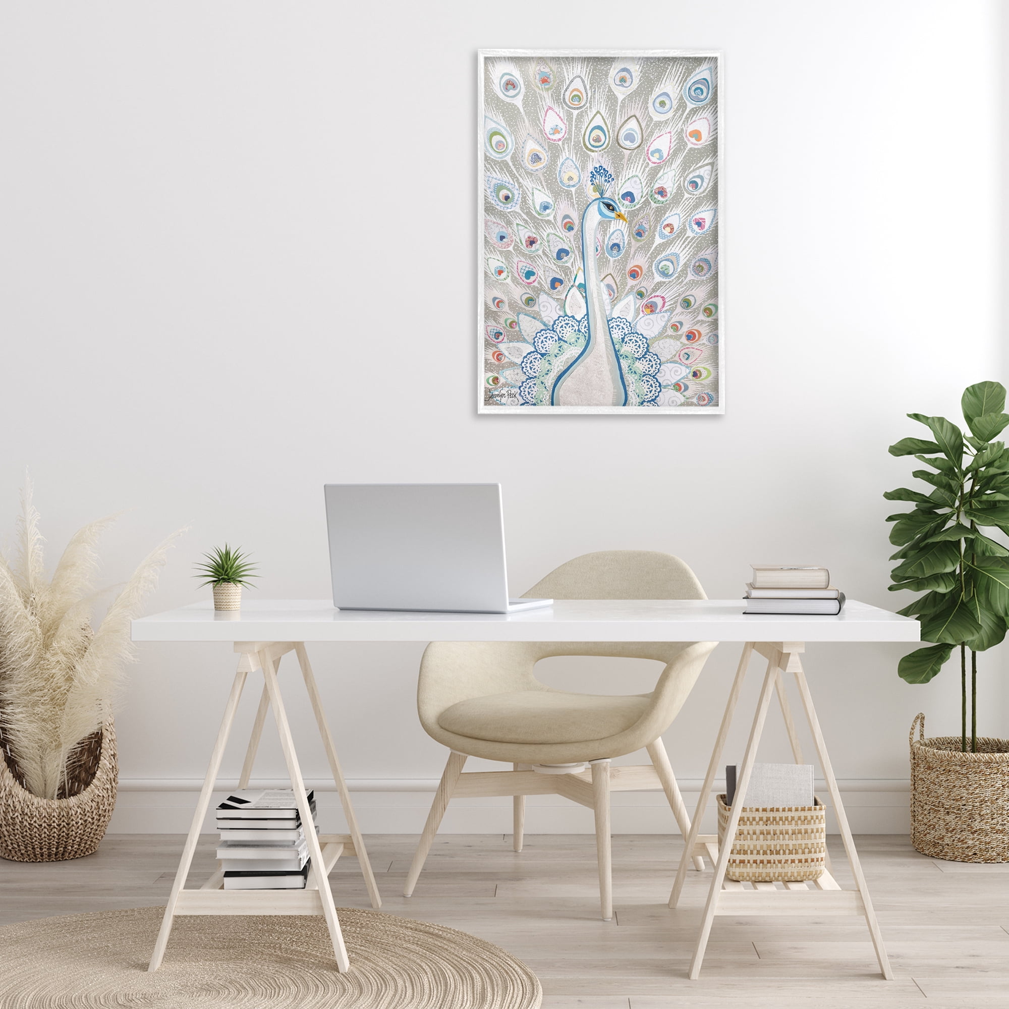 Stupell Industries Neutral Peacock Tail Pattern Animals & Insects Painting White Framed Art Print Wall Art, 20 x 30