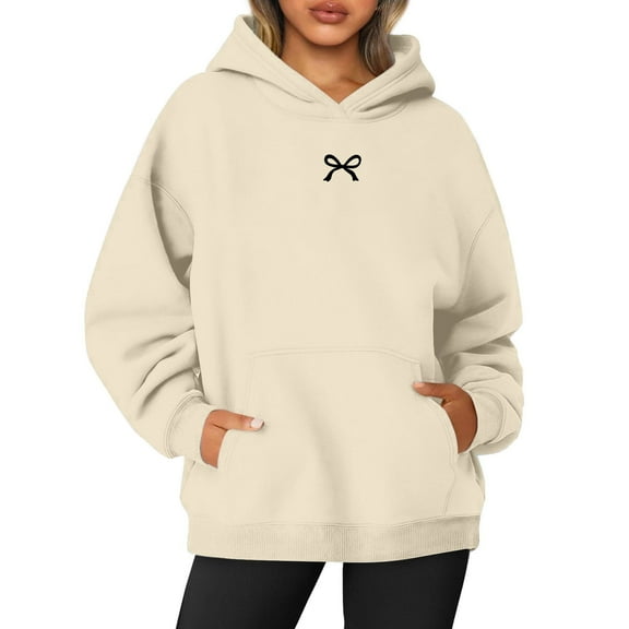 Women's Fashion Casual Hoodie with Elegant Bow Print and Convenient Front Pocket for Everyday Style