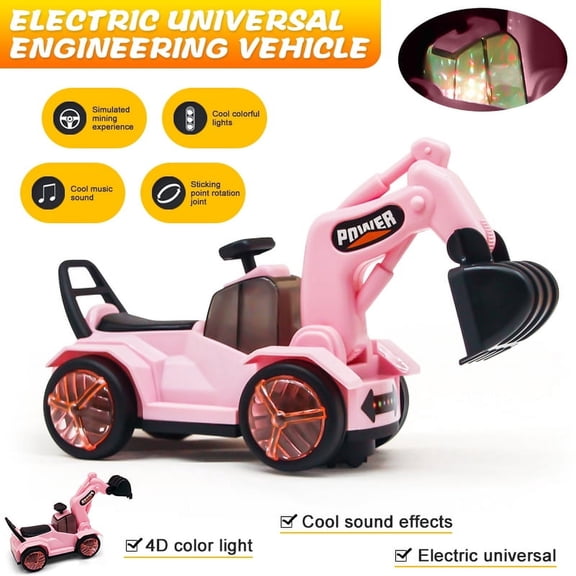 EIMELI New Children's Excavator Toys Electric Music Lighting Universal Wheel Engineering Vehicle Boys and Girls Toy Cars Electric Car with Bright Flashing 4D Lights & Real Sounds(Pink)