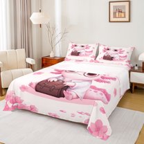 Homewish Cartoon Animal Axolotl Bed Sheets,Cherry Blossom King Sheets,Pink Cute Salamander Sheet Set,For Teens,Microfiber Bedroom Decor,4 Pieces