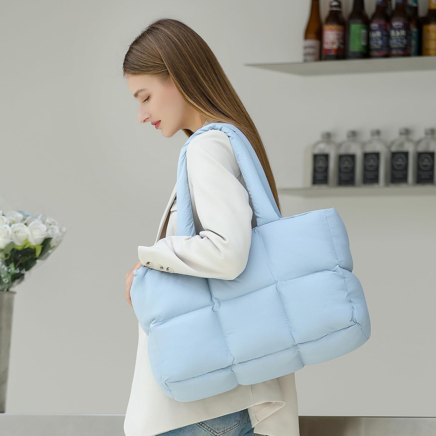 JennyShop Large Capacity Fashion Quilted Puffy Handbag, Herald Puffer Tote Bag for Women, Lightweight Satchel Purse for Working Travelling Gym Shopping
