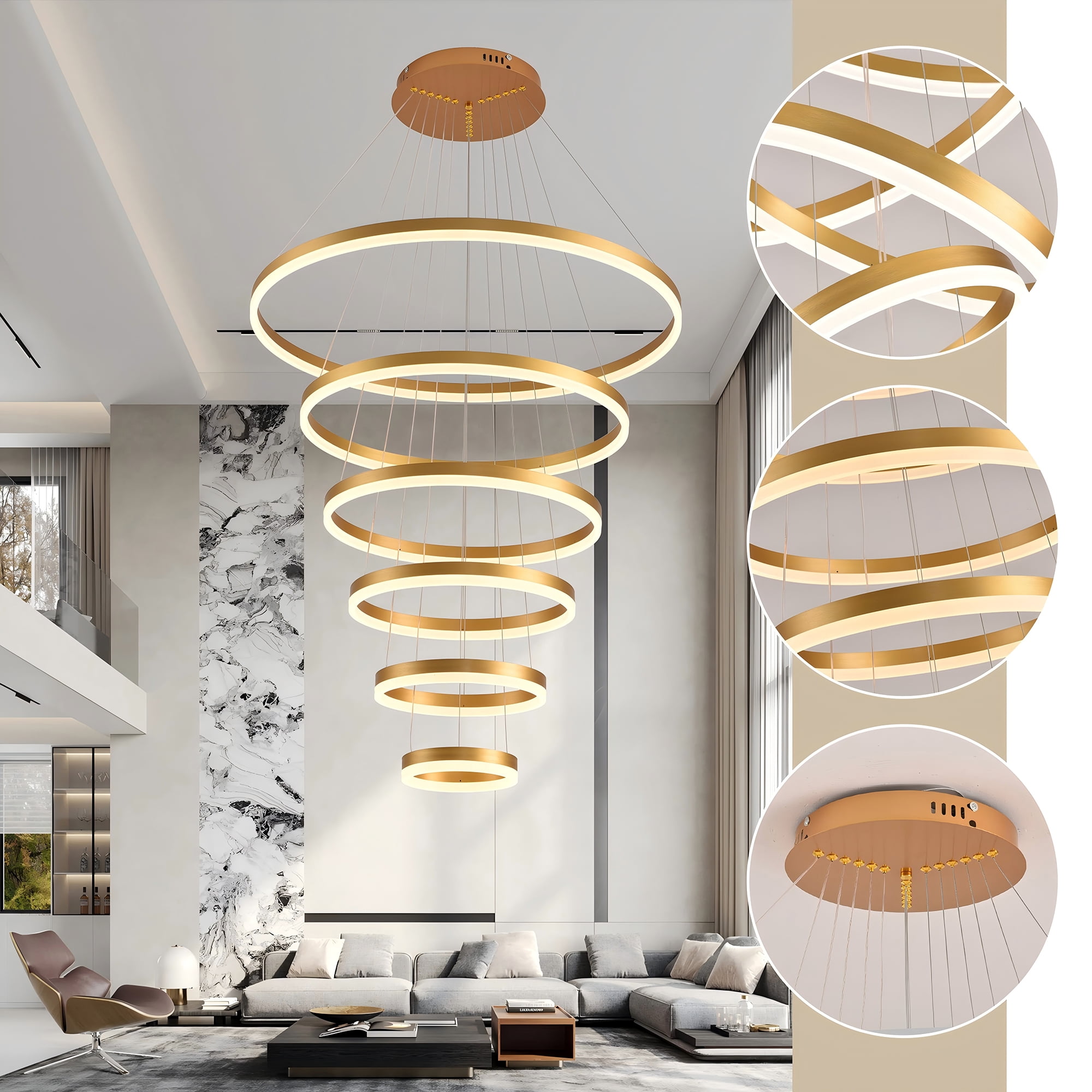Modern 6-Ring LED Chandelier for High Ceilings, Adjustable Gold Pendant Light with Remote, Dimmable Flush Mount Fixture for Foyer, Entryway, Living Room Dining Room