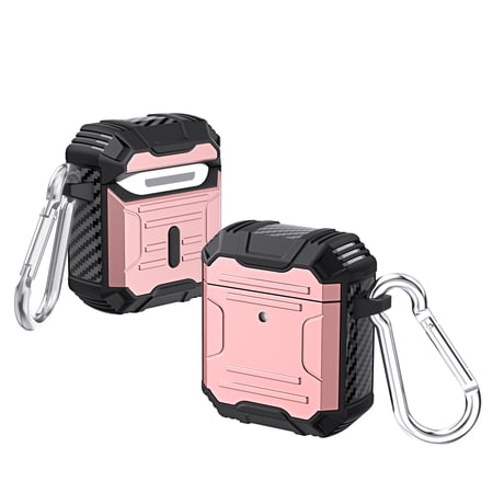 AirPods 2 Case AirPods 1 Cover with Keychain Allytech Hard Case Rugged Full-Body Shockproof PC + TPU Protective Portable Keychain Clip Front LED Visible Case for Airpods 2 & 1 Rosegold