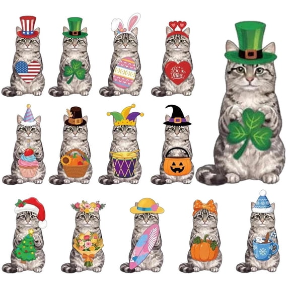 Interchangeable Seasonal Animal Wooden Desk Decor with Magnetic Hats - Cute DIY Cat Tabletop Sign & Tiered Tray Holiday Decoration