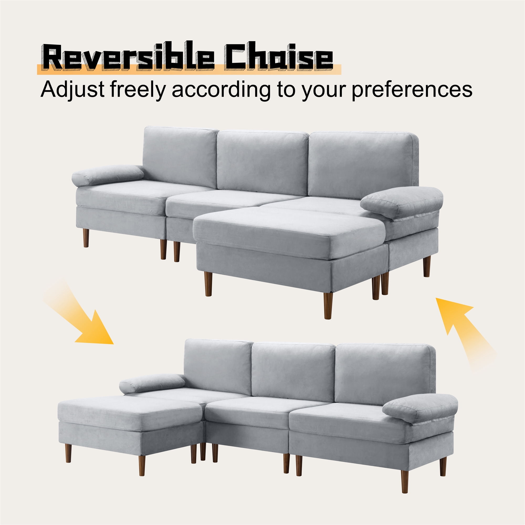 Aukfa 100" Velvet Sectional Sofa Modular Couch with Chaise for Living Room, Gray