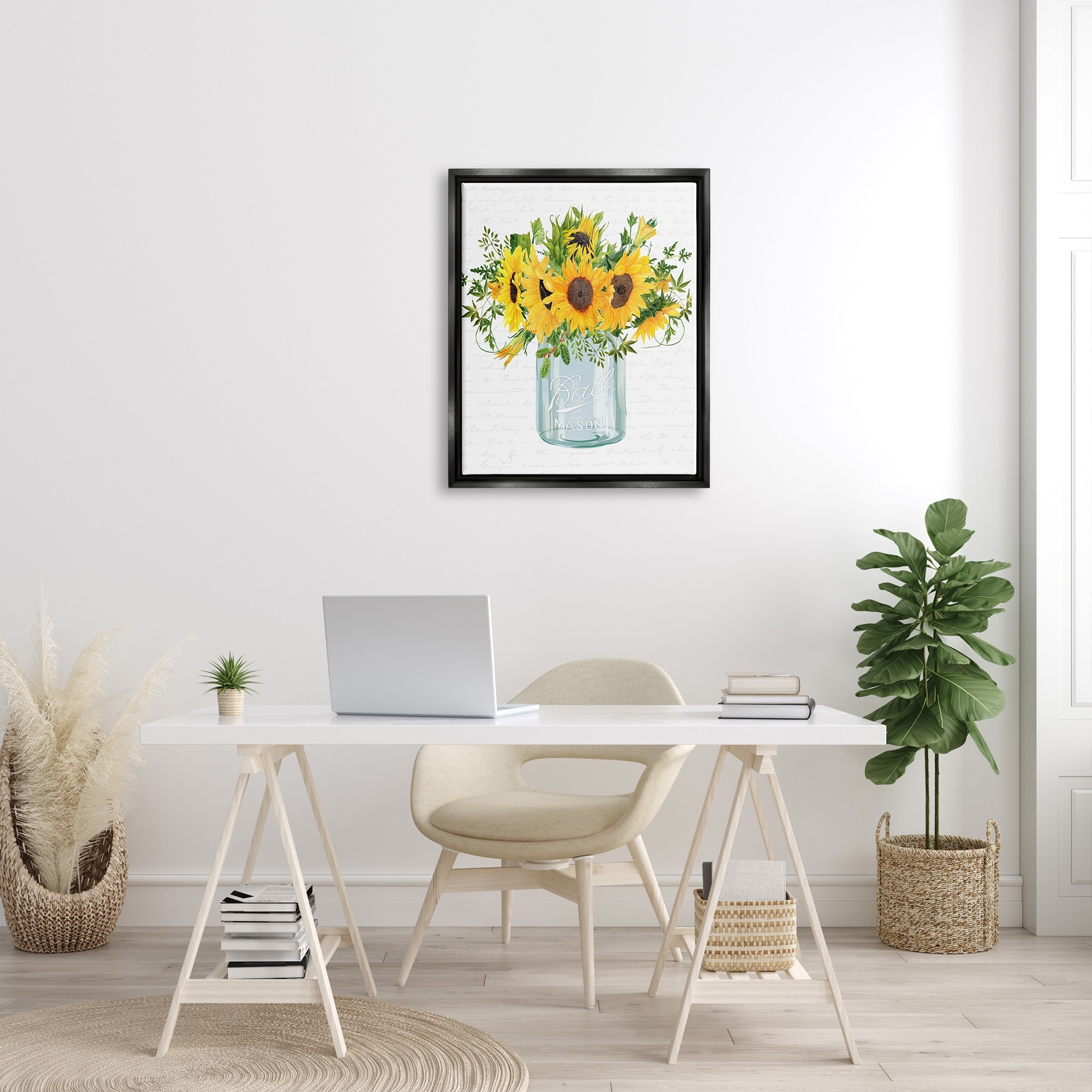 Stupell Industries Country Sunflowers Bouquet Vintage Script Text Pattern Graphic Art Jet Black Floating Framed Canvas Print Wall Art, Design by Lettered and Lined