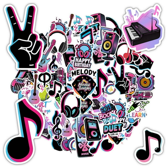 35pcs-50pcs Neon Music Stickers Instrument Graffiti Vinyl PVC Stickers for Luggage Suitcase Phone