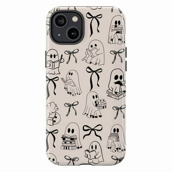 Cute Ghost Reading Books Phone Case with Bow Pattern, Aesthetic Protective Cover for iPhone 16 15 14 13 12 11 Pro Max Plus Mini