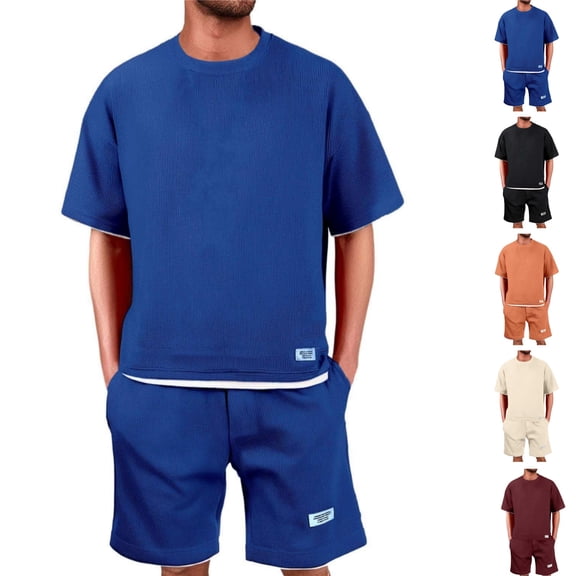 HAJWOH Men Two Piece Outfits Sets Waffle Knit Crew Neck Short Sleeve Shirts Elastic Waist Bermuda Shorts Set Tracksuit