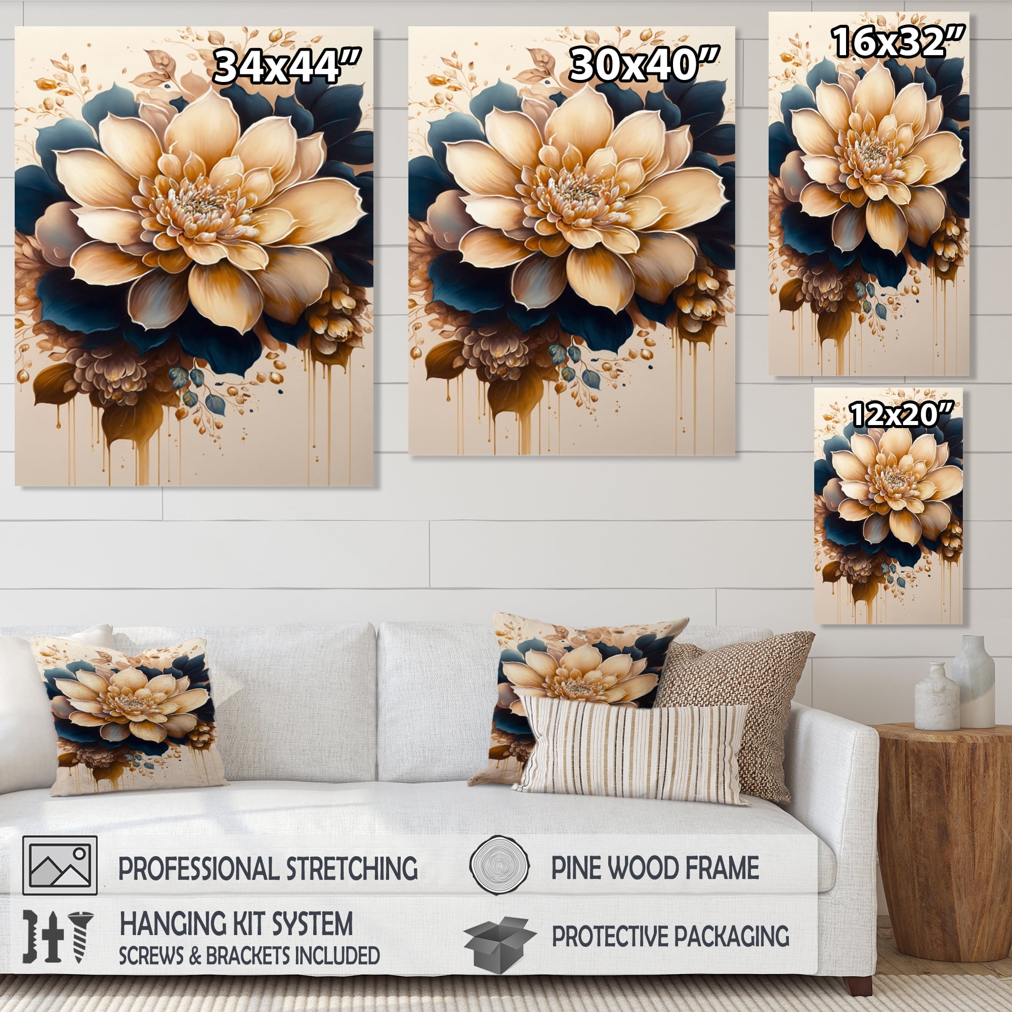 Designart Light Orange And Dark Blue Dhalia III Canvas Wall Art