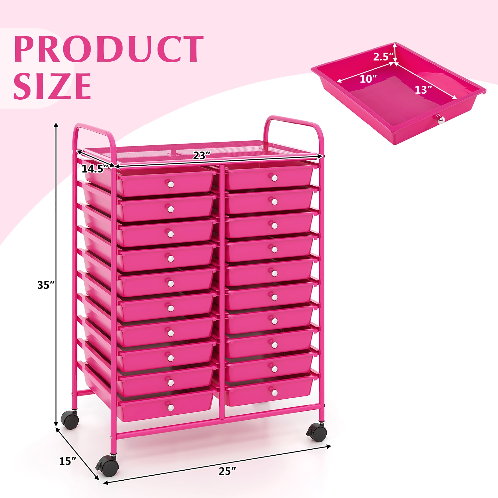 Gymax Rolling Storage Cart Art Craft Organizer on Wheels Multipurpose 20 Drawers Hot Pink
