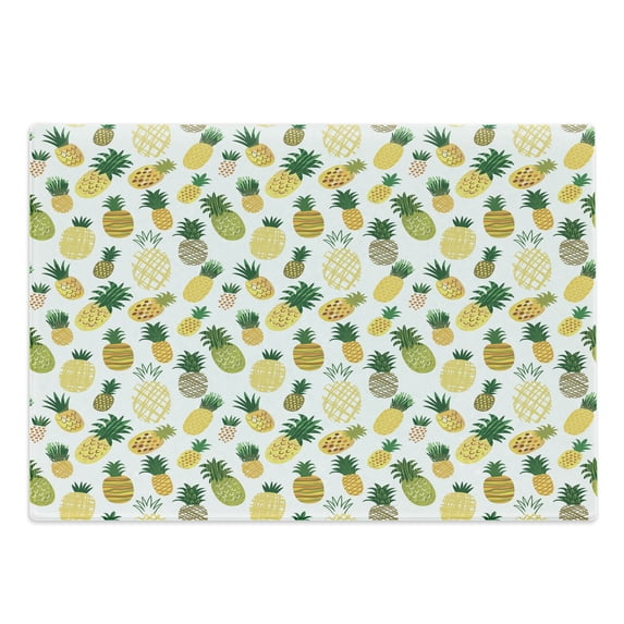 Food Cutting Board, Cartoon Style Fruits Simplistic Hand Drawn Tropical Pineapples with Stripes and Dots, Decorative Tempered Glass Cutting and Serving Board, Large Size, Multicolor, by Ambesonne