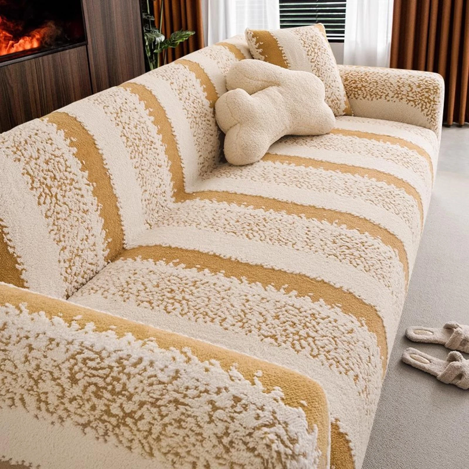 TOPCHANCES Stretch Stripe Sofa Covers, Soft Cotton Blend Velvet Fabric Armchair Loveseat Sofa Slipcover, Non-slip Couch Protector Settee Cover, Friendly to Pets (4-Seater Sofa Cover, Stripe Khaki)