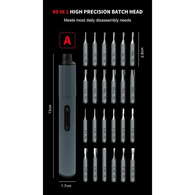 49-in-1 Cordless Electric Screwdriver Kit with S2 Precision Bits (28MM), Rechargeable Lithium Battery, Compact 17.5*7 Design for Home Appliance, Phone & Computer Repairs, 24V Max Low-Voltage, Durable