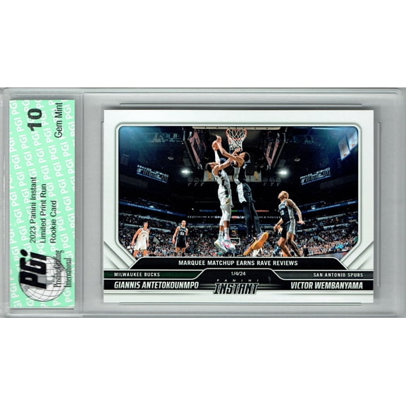 Victor Wembanyama w Giannis Antetokounmpo 2023 Panini Instant Rookie Card PGI 10