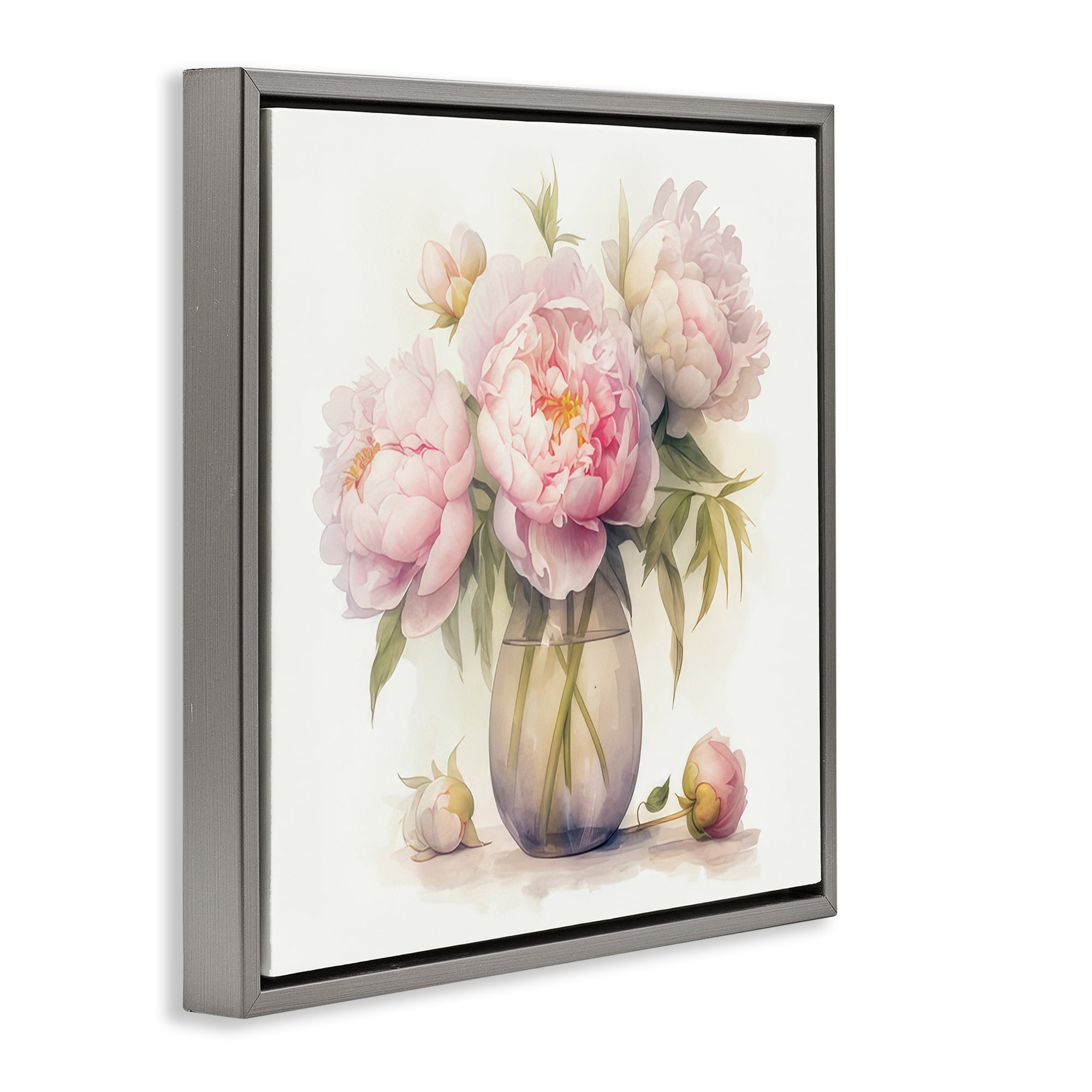 Stupell Industries Charming Pink Peonies Plants & Flowers Painting Gray Floater Framed Canvas Art Print Wall Art, 25 x 25