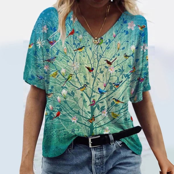Puntoco Tallas grandes Mujer Manga corta Impreso Cuello en V Tops Camiseta Blusa Puntoco Puntoco-4083