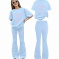 thumbnail image 4 of Girl's 2 Piece Outfits Bowknot Off Shoulder Blouse Flare Pants Set Cute Outfits Summer Clothes for Teen Girls, 4 of 5