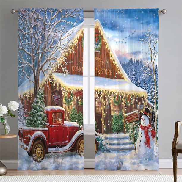 CUH Santa Claus Sheer Window Curtain Xmas Voile Window Drape Christmas