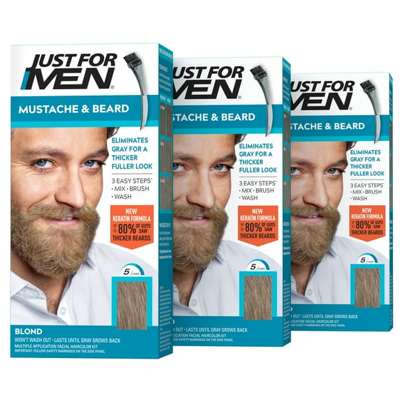 Just For Men Mustache & Beard, Beard Dye for Men with Brush Included for Easy Application, With Keratin Biotin Aloe and Coconut Oil for Healthy Facial Hair - Blond, M-10/15, Pack of 3