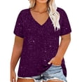 thumbnail image 5 of Sevevn Women's V-neck Center Hollow Fashionable Solid Color Plus Size Short Sleeved T-Shirt Purple XXXL, 5 of 6