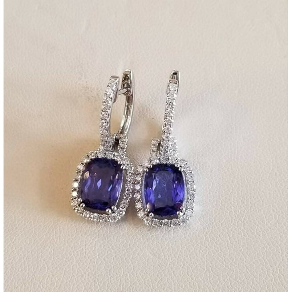 Sparkle Jewels Cushion Cut Tanzanite Halo Dangle Hoop Earring For Women 14K White Gold Plated