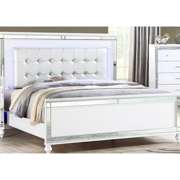 King Size Bed With Modern Aesthetics, White Wood Frame, Led Headboard, And Crystal Upholstery For Contemporary Bedroom