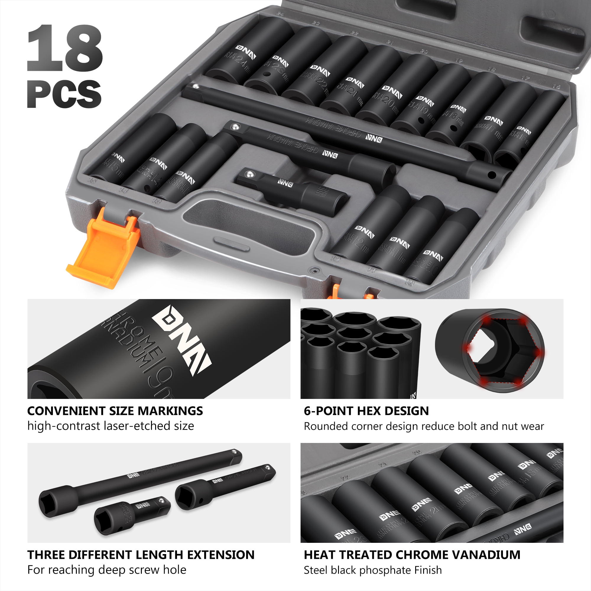 18-Pcs 1/2-Inch Drive Metric Impact Socket Set - 10-24mm, with 3'' 5'' 10'' Extension Bar, Cr-V