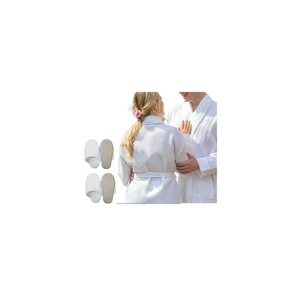 GIFT SET FOR COUPLES = 2 Premium Waffle Shawl Collar Spa Robes White Size: M- L/XL + 2 Pairs Plush Indoor Slippers Unisex
