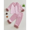 thumbnail image 4 of RUINIXCW Toddler Baby Girl Silk Satin Pajama Set Kids Spring Fall Winter PJS Set Sleepwear Fuzzy Trim Long Sleeve Button Down Shirt and Pants Set Loungwear Homewear, 4 of 9