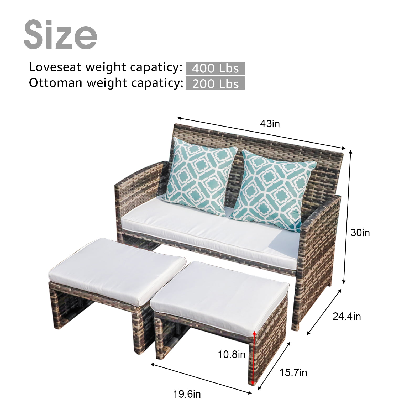 Outdoor Loveseat Chairs with Ottomans OC Orange-Casual Patio Furniture Wicker Conversation Set Pillows Included Gray Wicker 6 Pieces White Cushions 