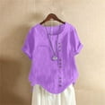thumbnail image 4 of Conairie Linen Shirts For Womens Solid Short Sleeve Regular Fit Crew Neck Button Shirt Comfortable Soft Classic Dressy Casual Tee Purple M, 4 of 6